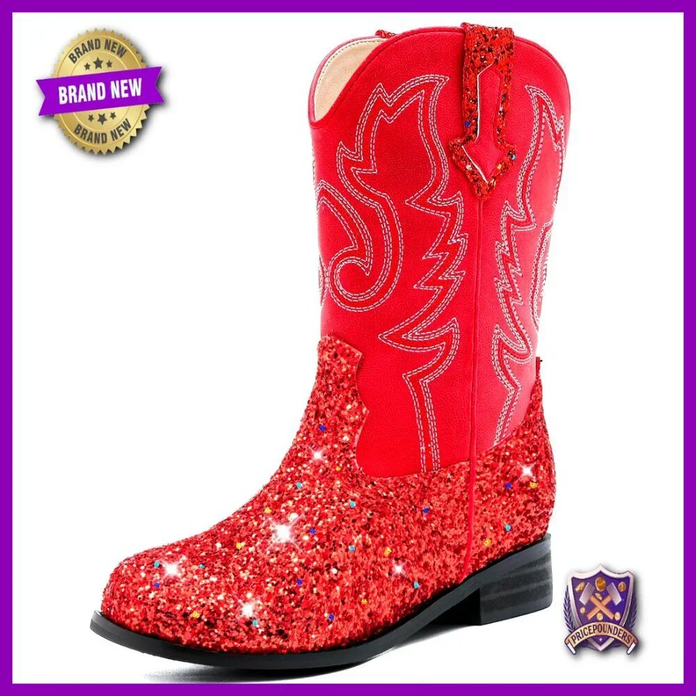 Glitter Cowgirl Boots Mid Calf Western Riding Shoes Toddler Kids Square Toe